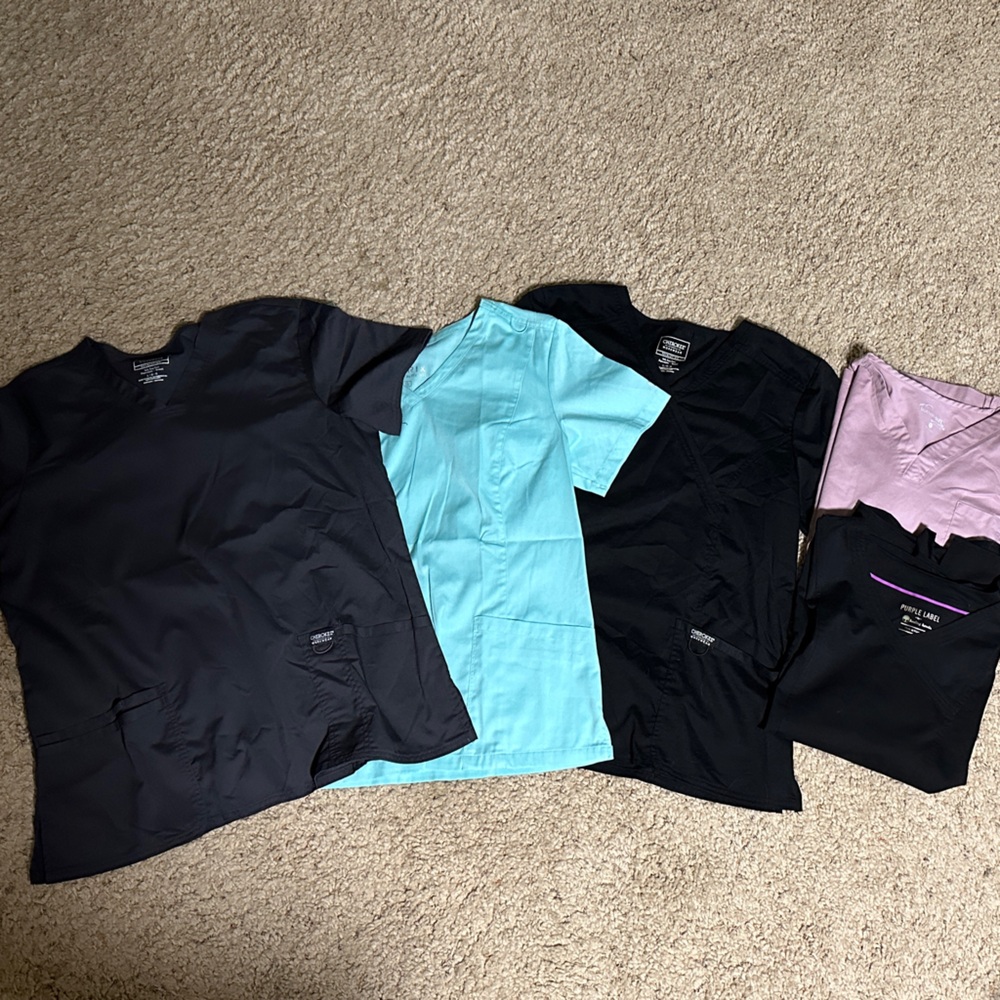 Assorted Scrub Tops in Black, Blue, and Pink size large